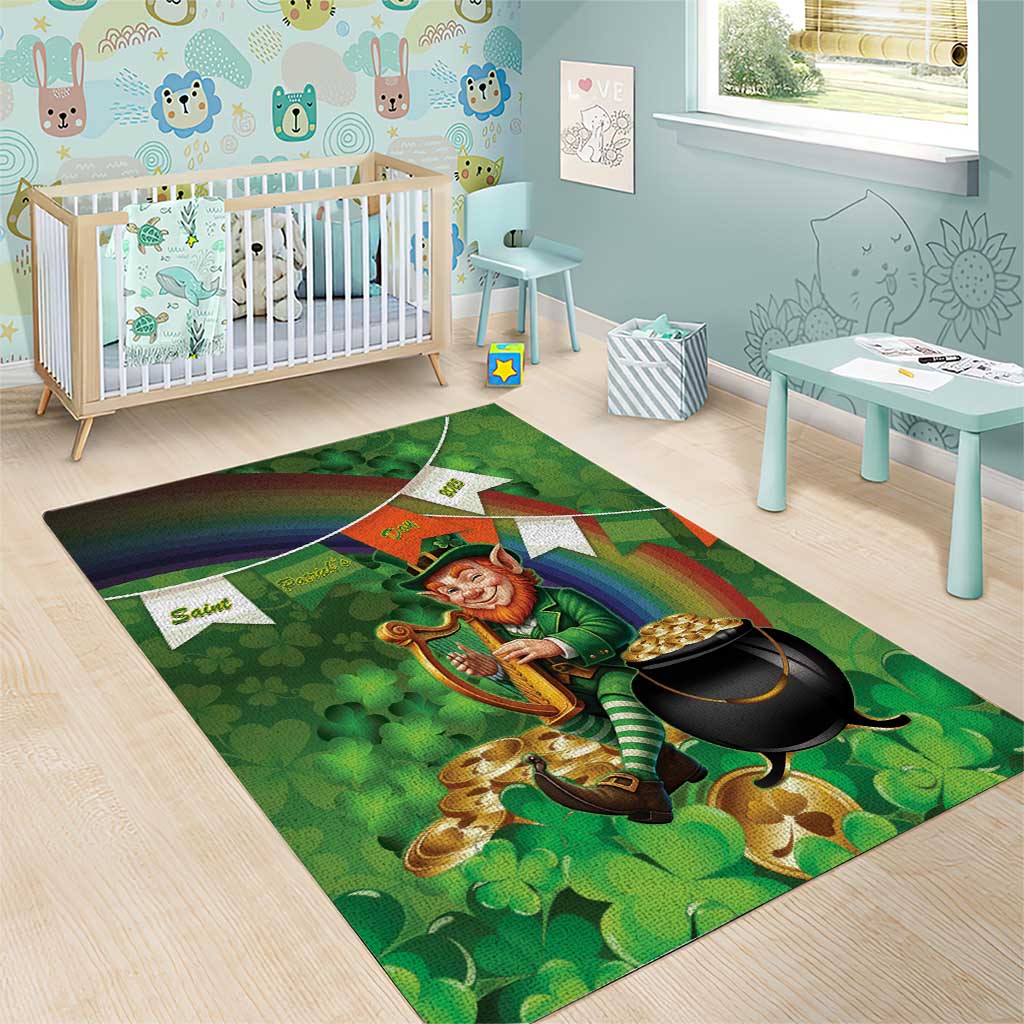 Happy Saint Patrick's Day Area Rug Leprechaun With Irish Harp - Shamrock Pattern - Wonder Print Shop