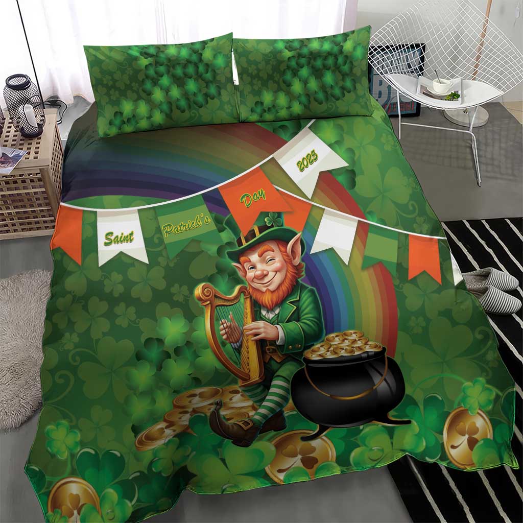 Happy Saint Patrick's Day Bedding Set Leprechaun With Irish Harp - Shamrock Pattern - Wonder Print Shop