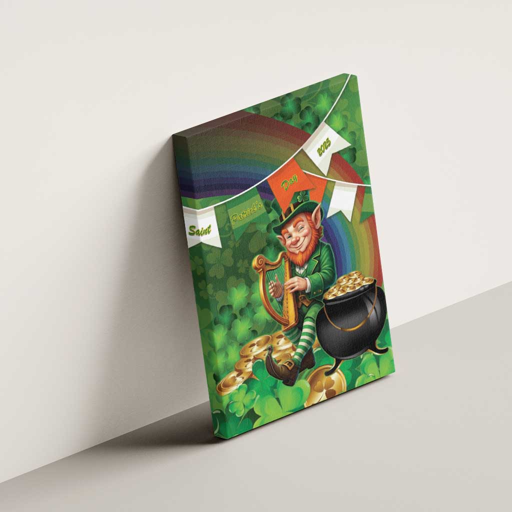 Happy Saint Patrick's Day Canvas Wall Art Leprechaun With Irish Harp - Shamrock Pattern - Wonder Print Shop