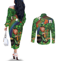 Happy Saint Patrick's Day Couples Matching Off The Shoulder Long Sleeve Dress and Long Sleeve Button Shirt Leprechaun With Irish Harp - Shamrock Pattern