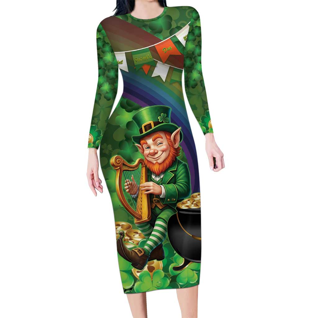 Happy Saint Patrick's Day Family Matching Long Sleeve Bodycon Dress and Hawaiian Shirt Leprechaun With Irish Harp - Shamrock Pattern - Wonder Print Shop