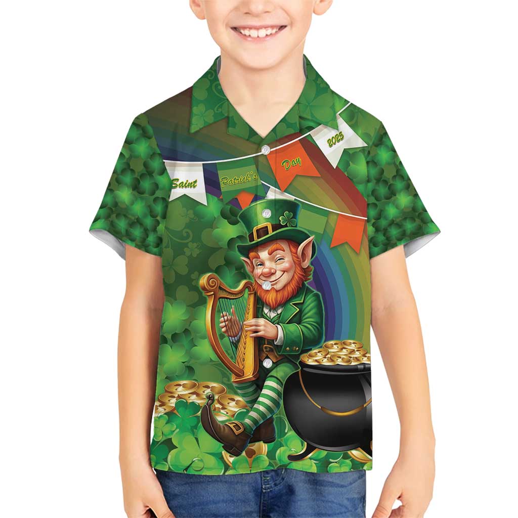Happy Saint Patrick's Day Family Matching Off Shoulder Maxi Dress and Hawaiian Shirt Leprechaun With Irish Harp - Shamrock Pattern - Wonder Print Shop
