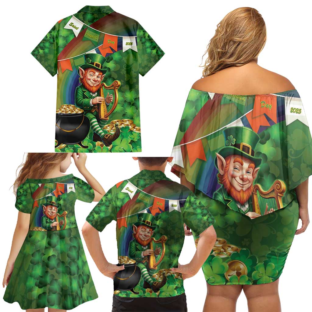 Happy Saint Patrick's Day Family Matching Off Shoulder Short Dress and Hawaiian Shirt Leprechaun With Irish Harp - Shamrock Pattern - Wonder Print Shop