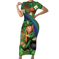 Happy Saint Patrick's Day Family Matching Short Sleeve Bodycon Dress and Hawaiian Shirt Leprechaun With Irish Harp - Shamrock Pattern - Wonder Print Shop