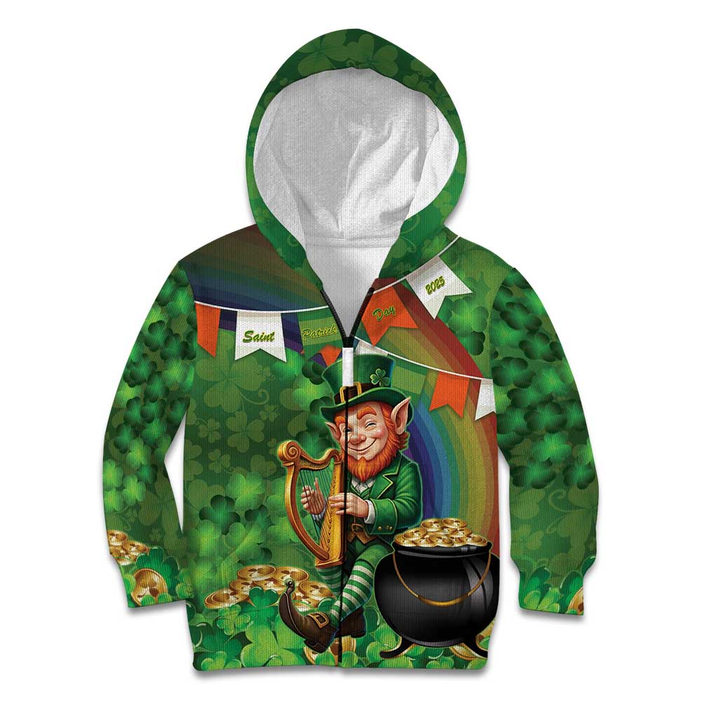Happy Saint Patrick's Day Kid Hoodie Leprechaun With Irish Harp - Shamrock Pattern - Wonder Print Shop