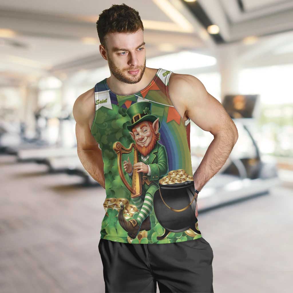 Happy Saint Patrick's Day Men Tank Top Leprechaun With Irish Harp - Shamrock Pattern - Wonder Print Shop