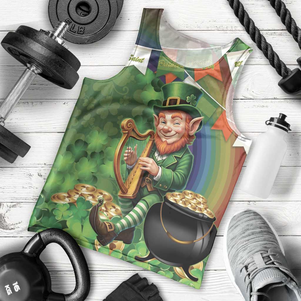 Happy Saint Patrick's Day Men Tank Top Leprechaun With Irish Harp - Shamrock Pattern - Wonder Print Shop