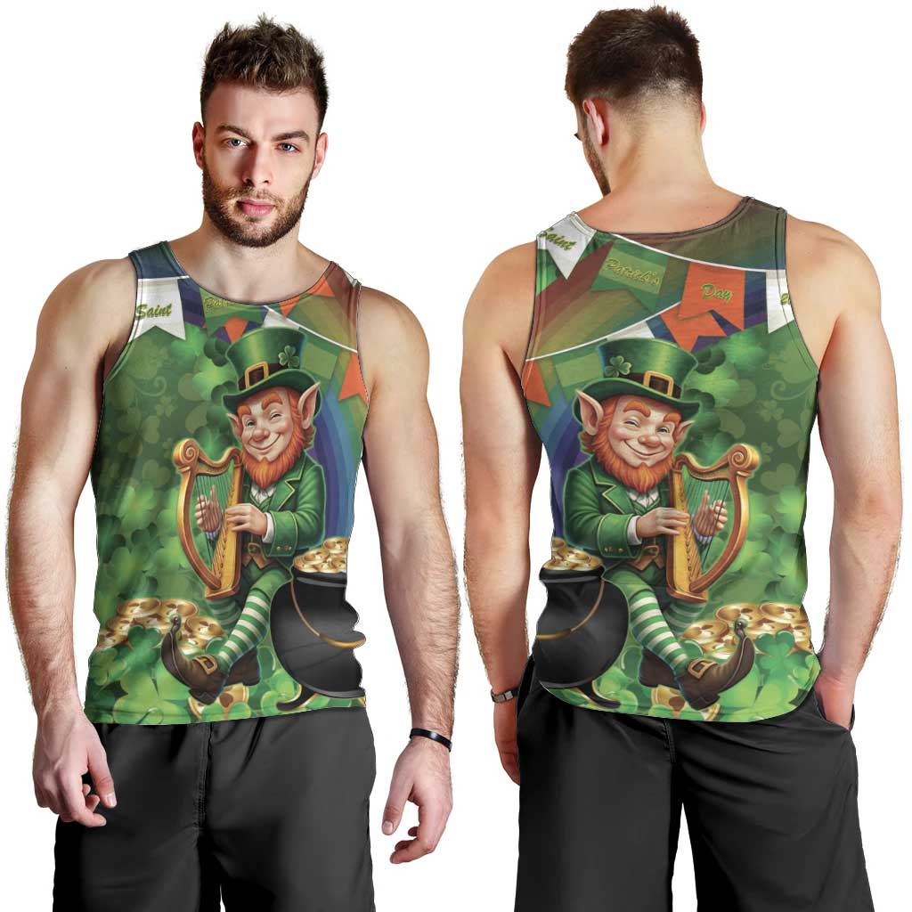 Happy Saint Patrick's Day Men Tank Top Leprechaun With Irish Harp - Shamrock Pattern - Wonder Print Shop