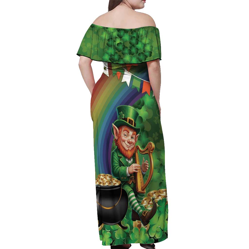Happy Saint Patrick's Day Off Shoulder Maxi Dress Leprechaun With Irish Harp - Shamrock Pattern - Wonder Print Shop