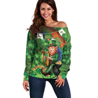 Happy Saint Patrick's Day Off Shoulder Sweater Leprechaun With Irish Harp - Shamrock Pattern - Wonder Print Shop