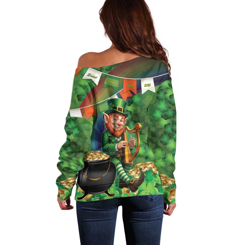 Happy Saint Patrick's Day Off Shoulder Sweater Leprechaun With Irish Harp - Shamrock Pattern - Wonder Print Shop