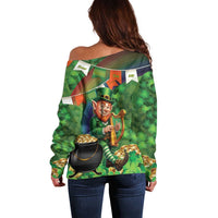 Happy Saint Patrick's Day Off Shoulder Sweater Leprechaun With Irish Harp - Shamrock Pattern - Wonder Print Shop