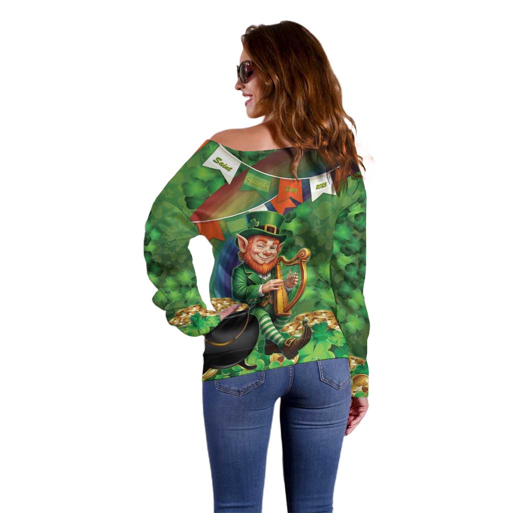Happy Saint Patrick's Day Off Shoulder Sweater Leprechaun With Irish Harp - Shamrock Pattern - Wonder Print Shop