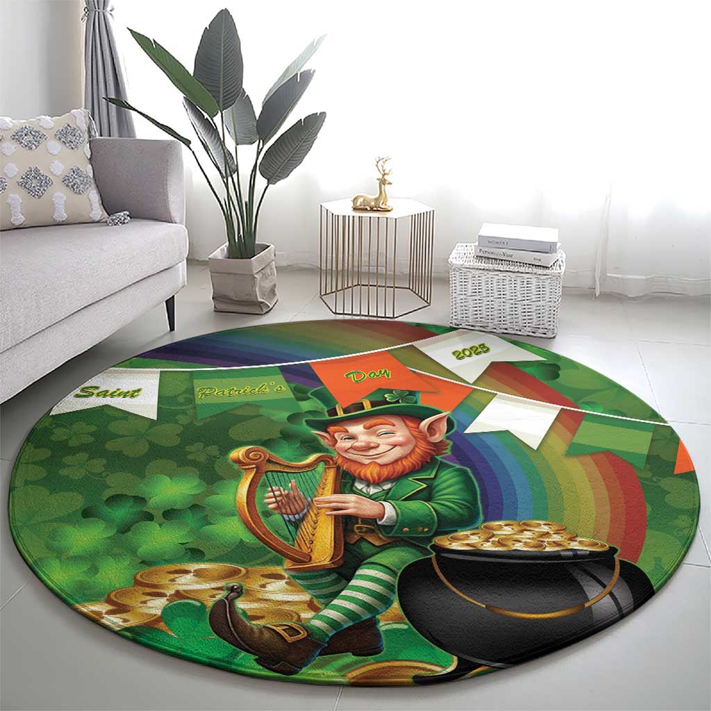 Happy Saint Patrick's Day Round Carpet Leprechaun With Irish Harp - Shamrock Pattern - Wonder Print Shop