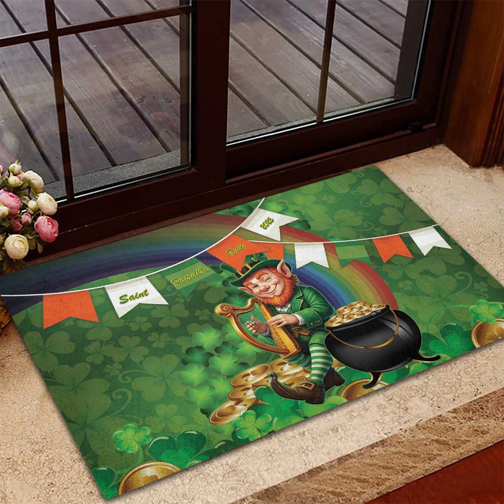 Happy Saint Patrick's Day Rubber Doormat Leprechaun With Irish Harp - Shamrock Pattern - Wonder Print Shop