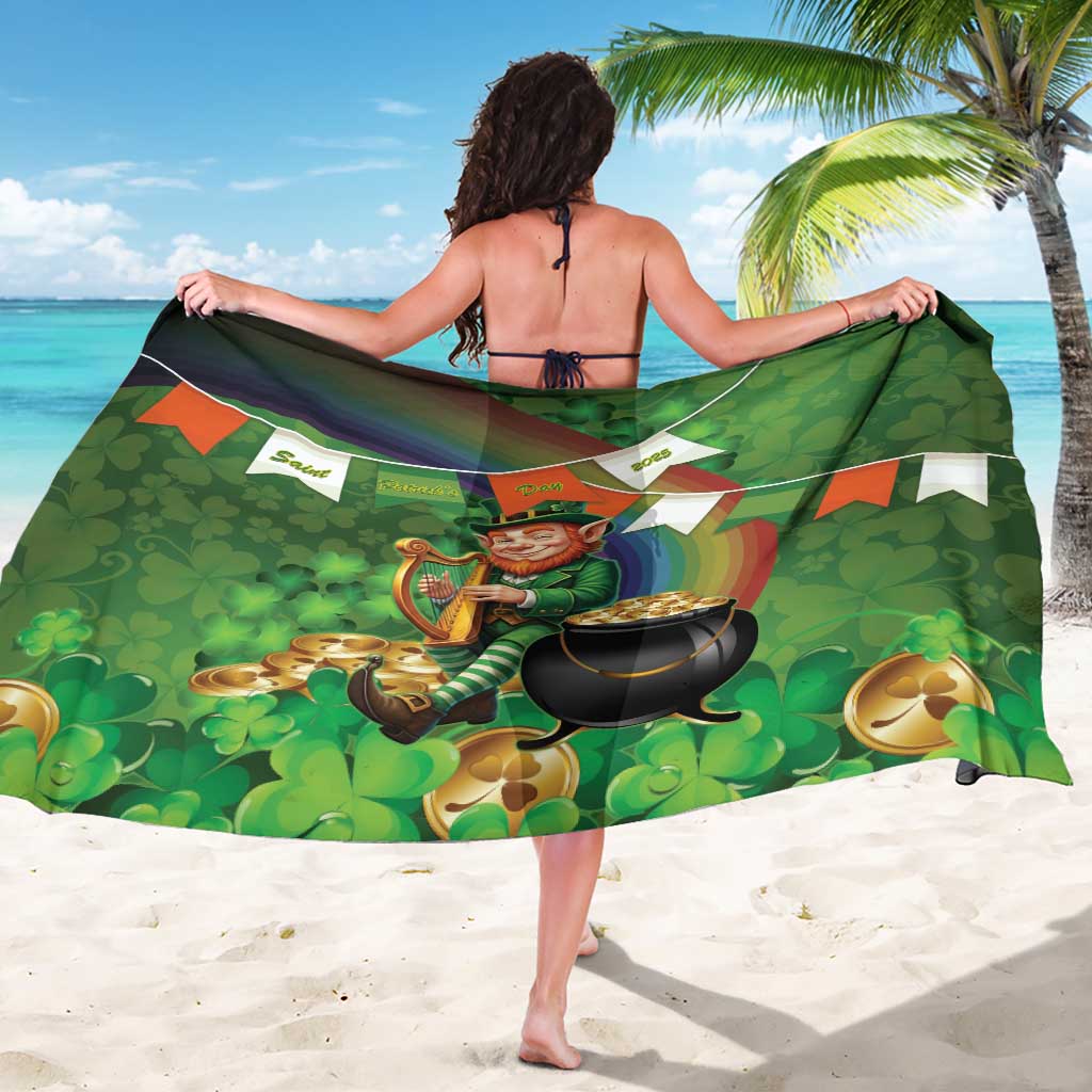 Happy Saint Patrick's Day Sarong Leprechaun With Irish Harp - Shamrock Pattern - Wonder Print Shop