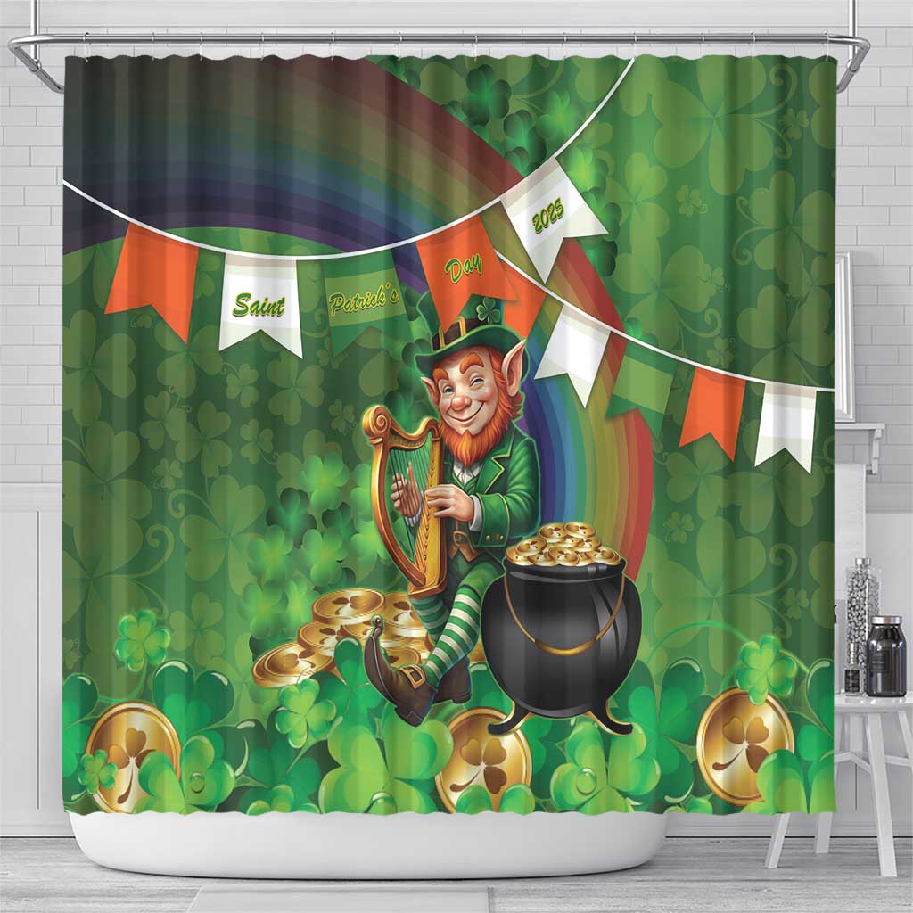 Happy Saint Patrick's Day Shower Curtain Leprechaun With Irish Harp - Shamrock Pattern - Wonder Print Shop