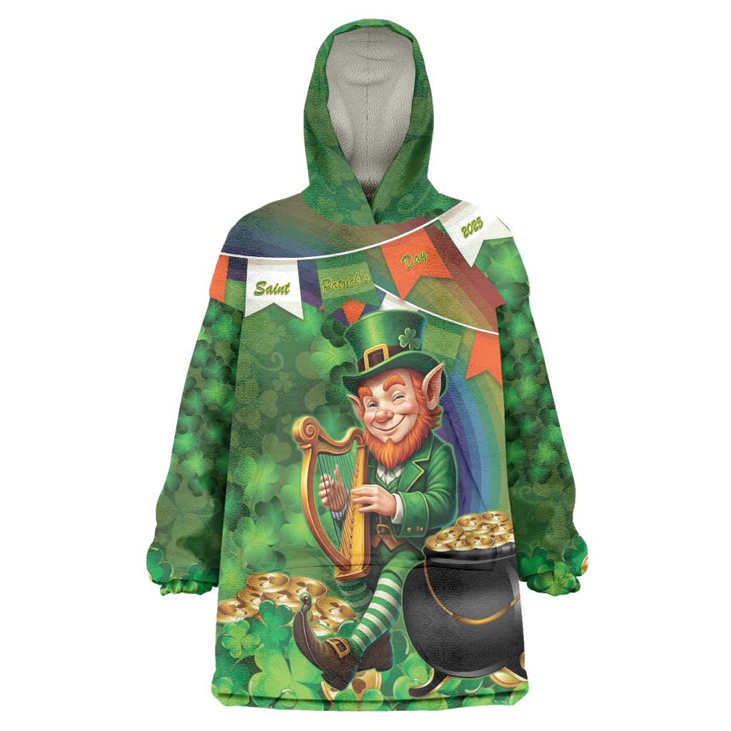 Happy Saint Patrick's Day Wearable Blanket Hoodie Leprechaun With Irish Harp - Shamrock Pattern - Wonder Print Shop