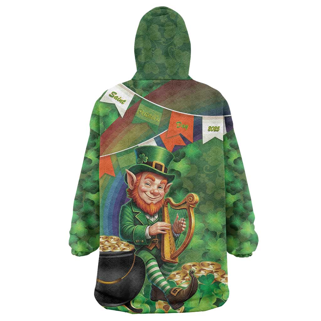 Happy Saint Patrick's Day Wearable Blanket Hoodie Leprechaun With Irish Harp - Shamrock Pattern - Wonder Print Shop