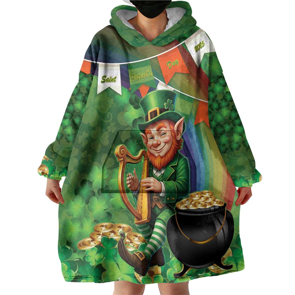 Happy Saint Patrick's Day Wearable Blanket Hoodie Leprechaun With Irish Harp - Shamrock Pattern - Wonder Print Shop