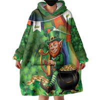 Happy Saint Patrick's Day Wearable Blanket Hoodie Leprechaun With Irish Harp - Shamrock Pattern - Wonder Print Shop