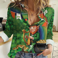 Happy Saint Patrick's Day Women Casual Shirt Leprechaun With Irish Harp - Shamrock Pattern - Wonder Print Shop