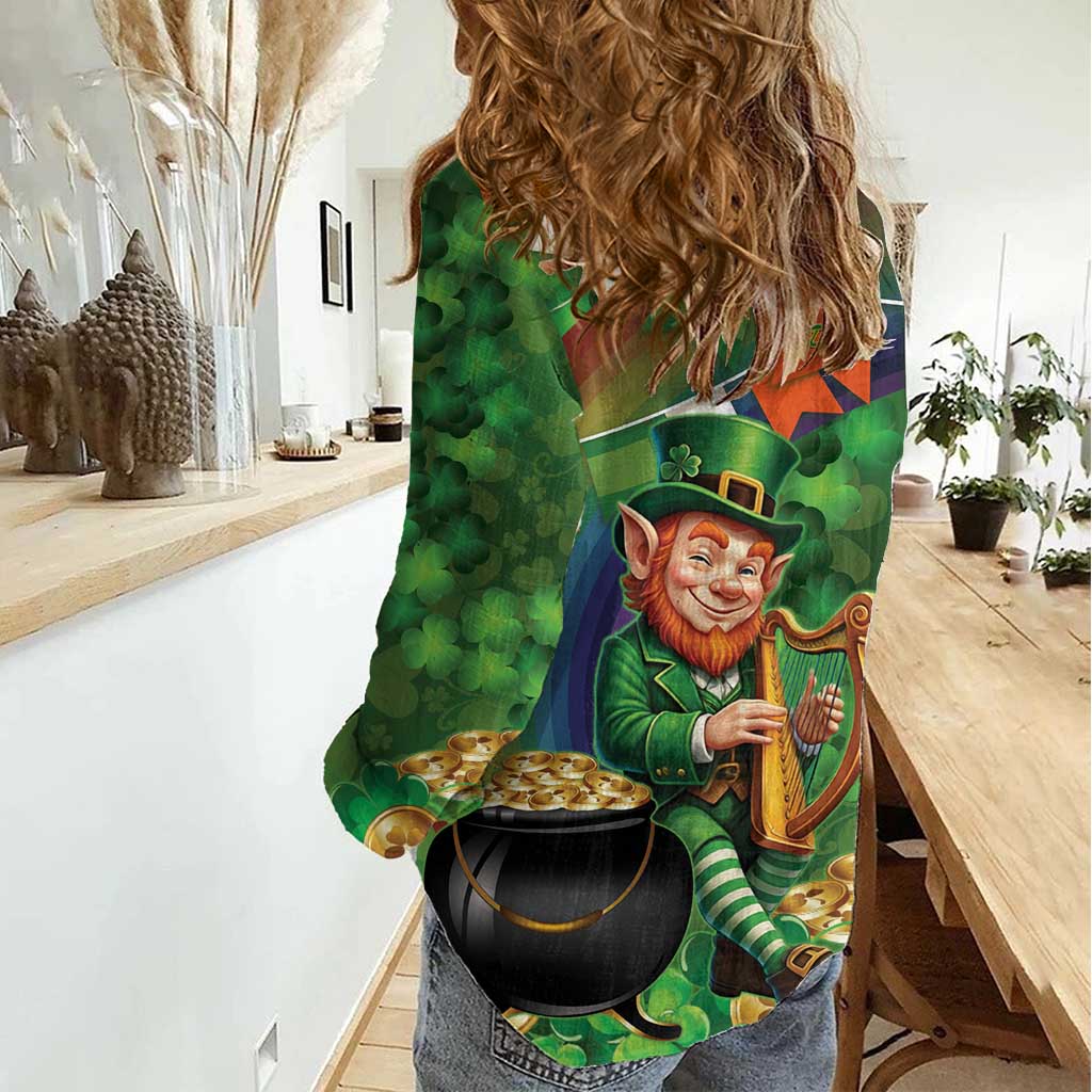 Happy Saint Patrick's Day Women Casual Shirt Leprechaun With Irish Harp - Shamrock Pattern - Wonder Print Shop