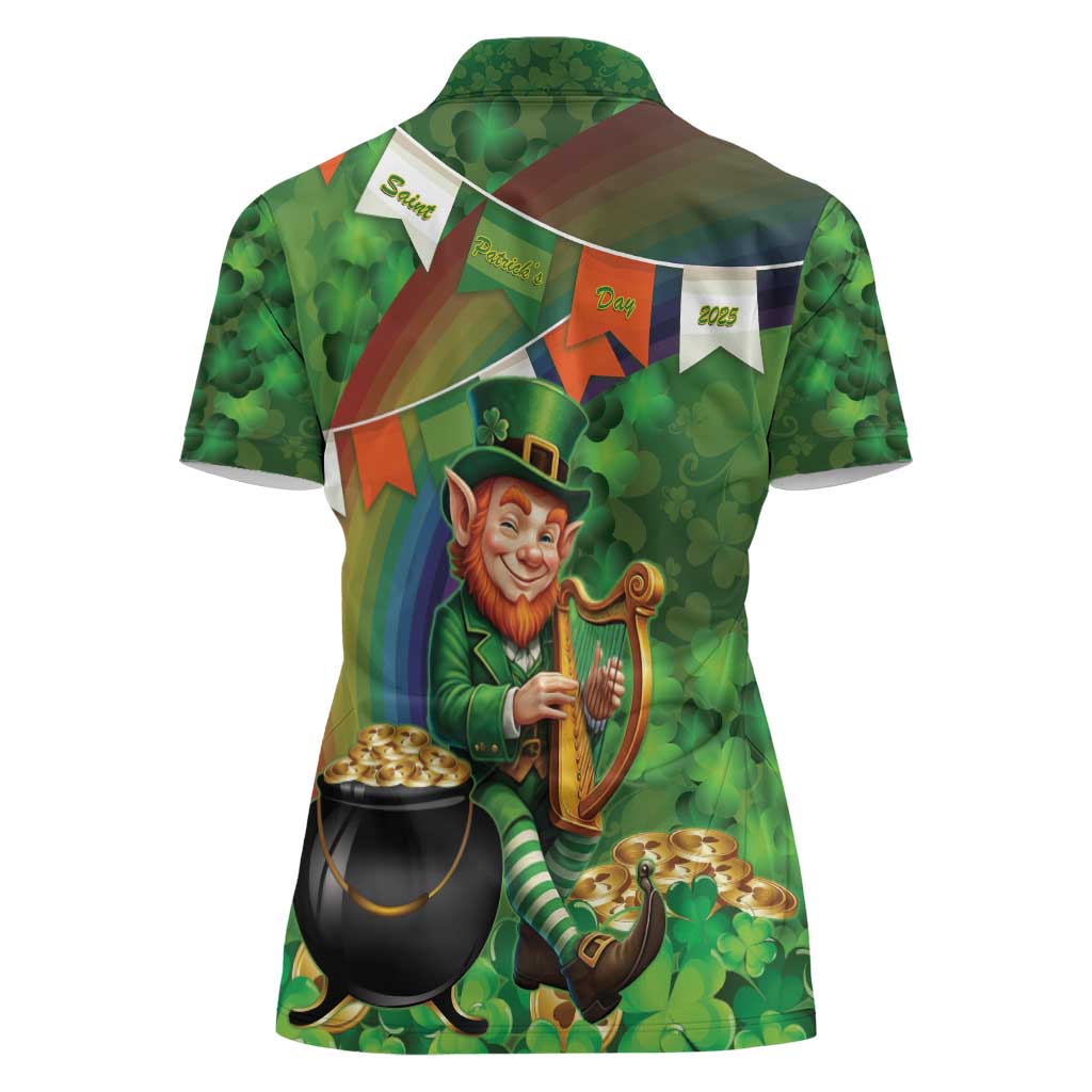 Happy Saint Patrick's Day Women Polo Shirt Leprechaun With Irish Harp - Shamrock Pattern - Wonder Print Shop
