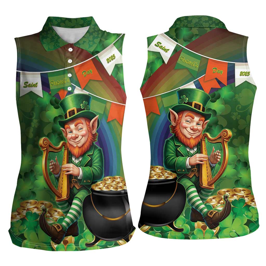 Happy Saint Patrick's Day Women Sleeveless Polo Shirt Leprechaun With Irish Harp - Shamrock Pattern - Wonder Print Shop