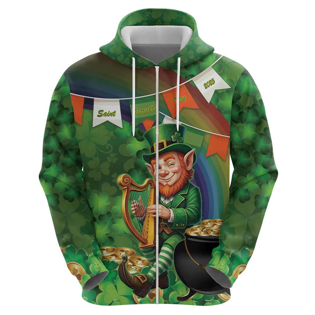 Happy Saint Patrick's Day Zip Hoodie Leprechaun With Irish Harp - Shamrock Pattern - Wonder Print Shop