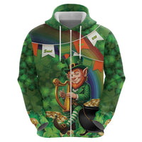 Happy Saint Patrick's Day Zip Hoodie Leprechaun With Irish Harp - Shamrock Pattern - Wonder Print Shop