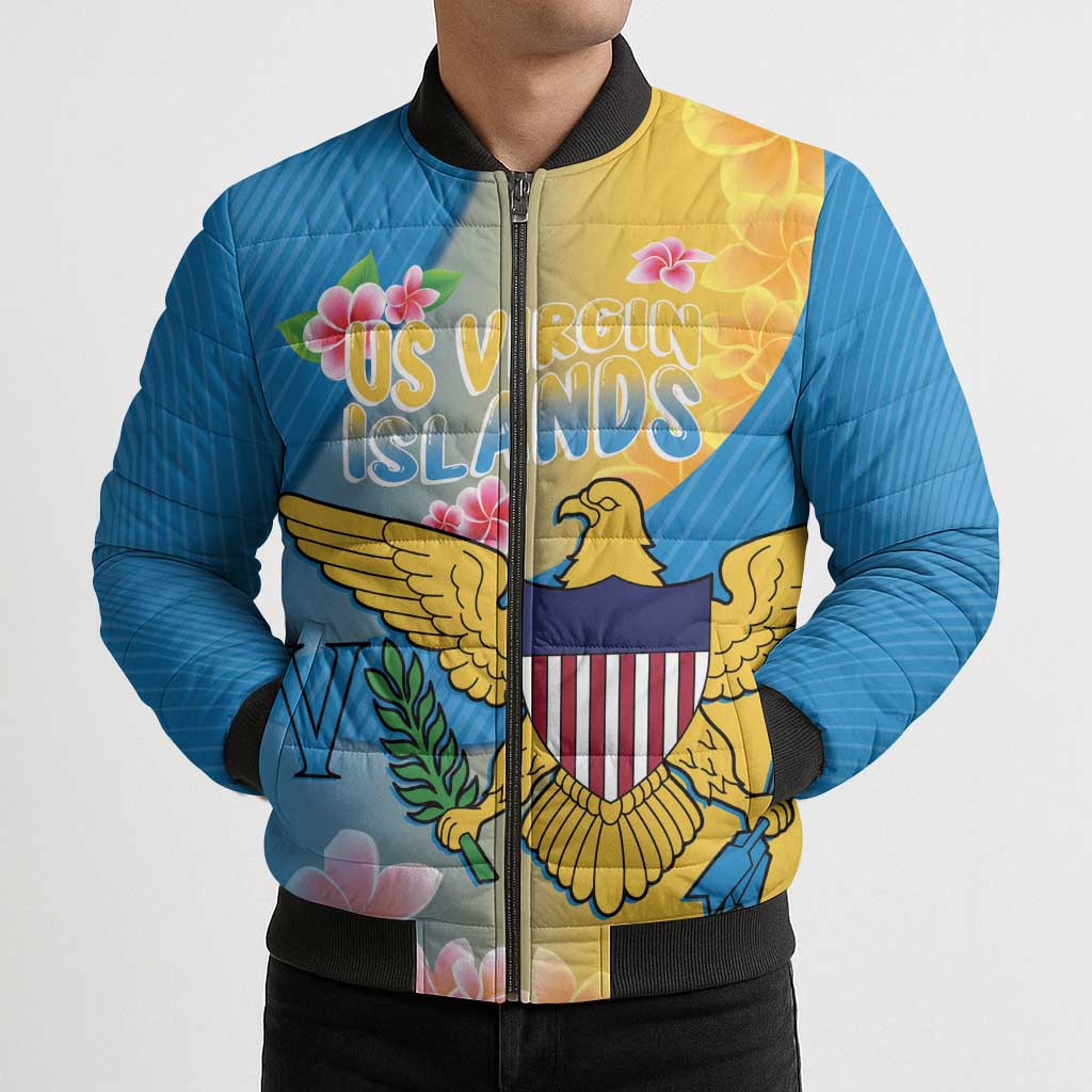 US Virgin Islands Bomber Puffer Jacket Coat of Arms Plumeria Curve Style - Wonder Print Shop