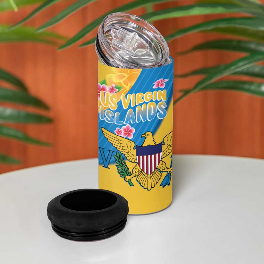 US Virgin Islands 4 in 1 Can Cooler Tumbler Coat of Arms Plumeria Curve Style - Wonder Print Shop