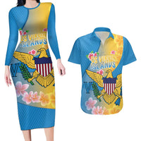 US Virgin Islands Couples Matching Long Sleeve Bodycon Dress and Hawaiian Shirt Coat of Arms Plumeria Curve Style - Wonder Print Shop