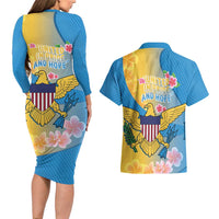 US Virgin Islands Couples Matching Long Sleeve Bodycon Dress and Hawaiian Shirt Coat of Arms Plumeria Curve Style - Wonder Print Shop