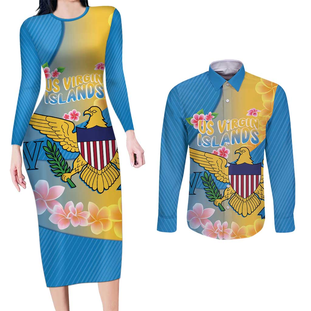 US Virgin Islands Couples Matching Long Sleeve Bodycon Dress and Long Sleeve Button Shirt Coat of Arms Plumeria Curve Style - Wonder Print Shop