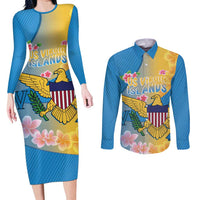 US Virgin Islands Couples Matching Long Sleeve Bodycon Dress and Long Sleeve Button Shirt Coat of Arms Plumeria Curve Style - Wonder Print Shop