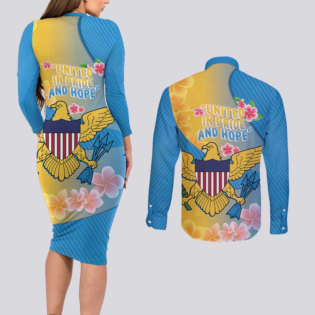 US Virgin Islands Couples Matching Long Sleeve Bodycon Dress and Long Sleeve Button Shirt Coat of Arms Plumeria Curve Style - Wonder Print Shop