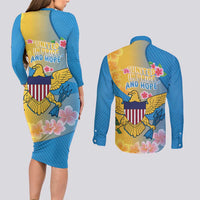 US Virgin Islands Couples Matching Long Sleeve Bodycon Dress and Long Sleeve Button Shirt Coat of Arms Plumeria Curve Style - Wonder Print Shop