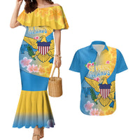 US Virgin Islands Couples Matching Mermaid Dress and Hawaiian Shirt Coat of Arms Plumeria Curve Style - Wonder Print Shop