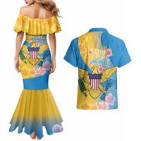 US Virgin Islands Couples Matching Mermaid Dress and Hawaiian Shirt Coat of Arms Plumeria Curve Style - Wonder Print Shop
