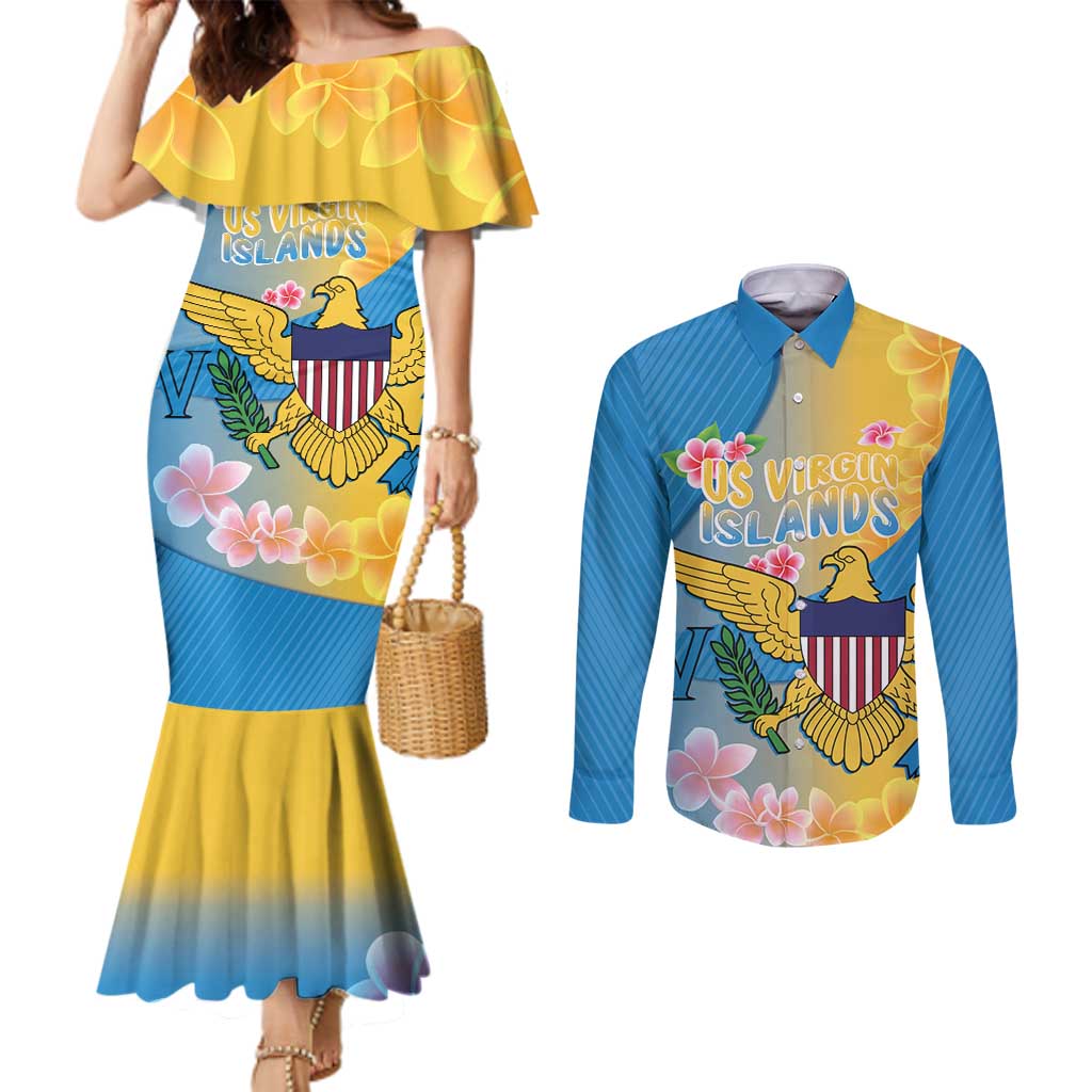 US Virgin Islands Couples Matching Mermaid Dress and Long Sleeve Button Shirt Coat of Arms Plumeria Curve Style - Wonder Print Shop