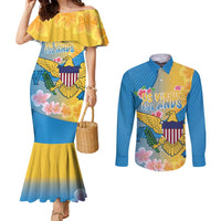 US Virgin Islands Couples Matching Mermaid Dress and Long Sleeve Button Shirt Coat of Arms Plumeria Curve Style - Wonder Print Shop