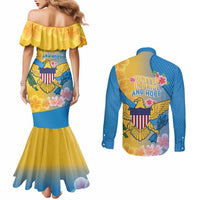 US Virgin Islands Couples Matching Mermaid Dress and Long Sleeve Button Shirt Coat of Arms Plumeria Curve Style - Wonder Print Shop