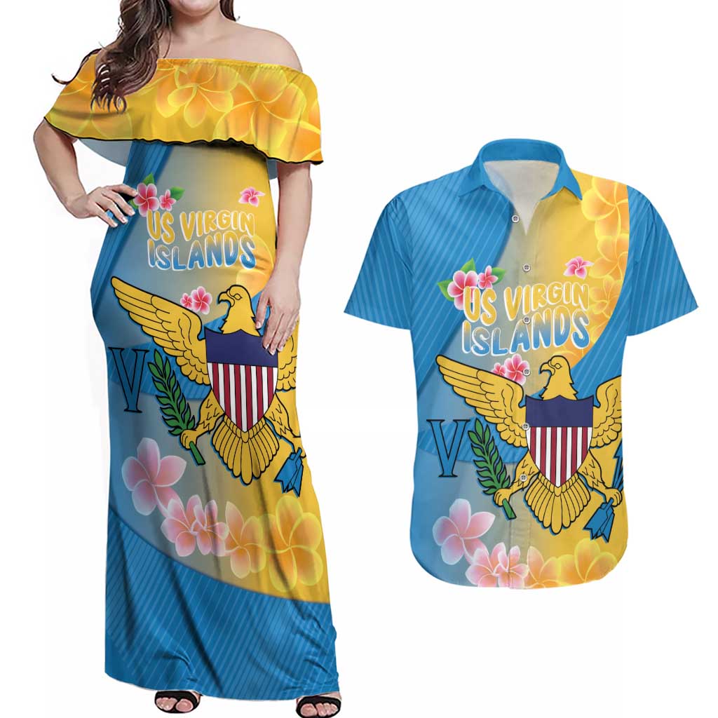 US Virgin Islands Couples Matching Off Shoulder Maxi Dress and Hawaiian Shirt Coat of Arms Plumeria Curve Style - Wonder Print Shop