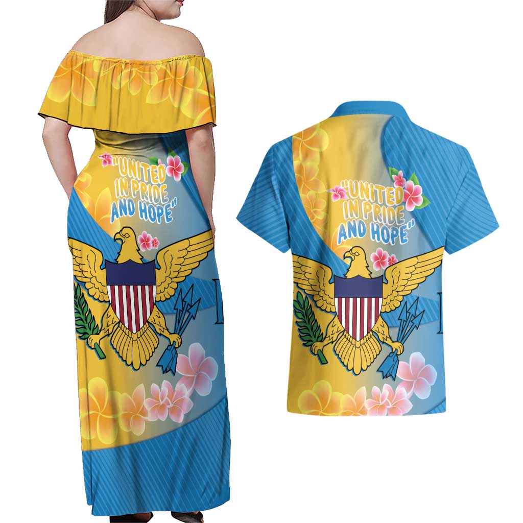 US Virgin Islands Couples Matching Off Shoulder Maxi Dress and Hawaiian Shirt Coat of Arms Plumeria Curve Style - Wonder Print Shop