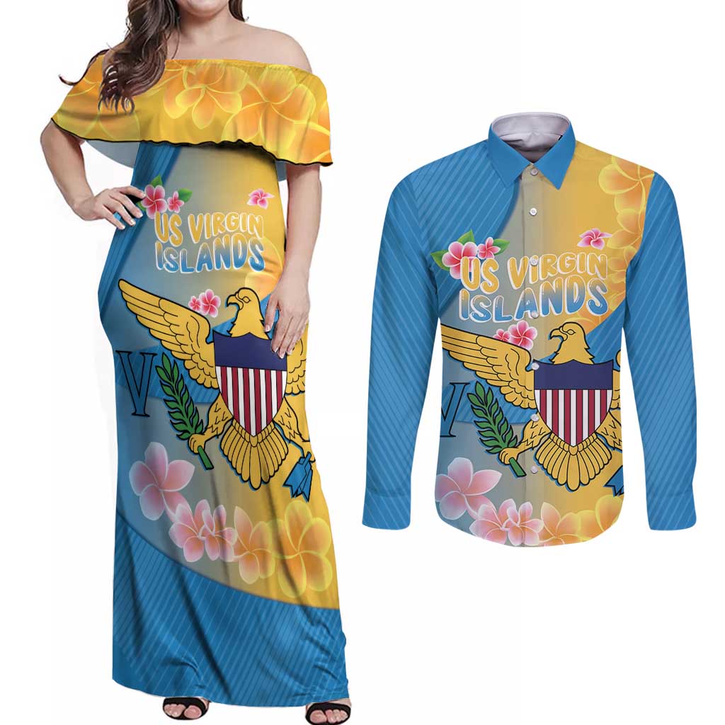 US Virgin Islands Couples Matching Off Shoulder Maxi Dress and Long Sleeve Button Shirt Coat of Arms Plumeria Curve Style - Wonder Print Shop