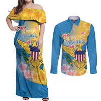 US Virgin Islands Couples Matching Off Shoulder Maxi Dress and Long Sleeve Button Shirt Coat of Arms Plumeria Curve Style - Wonder Print Shop