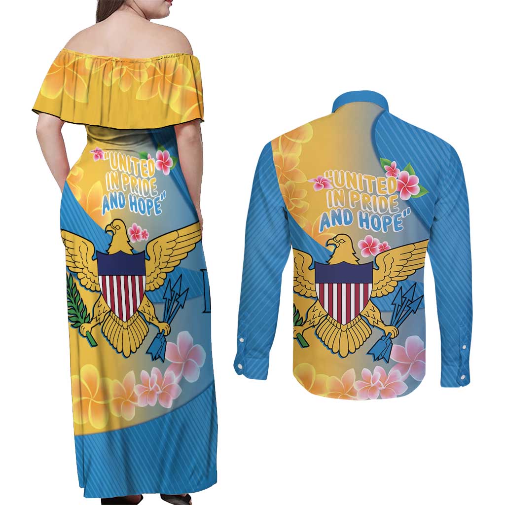 US Virgin Islands Couples Matching Off Shoulder Maxi Dress and Long Sleeve Button Shirt Coat of Arms Plumeria Curve Style - Wonder Print Shop