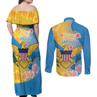 US Virgin Islands Couples Matching Off Shoulder Maxi Dress and Long Sleeve Button Shirt Coat of Arms Plumeria Curve Style - Wonder Print Shop
